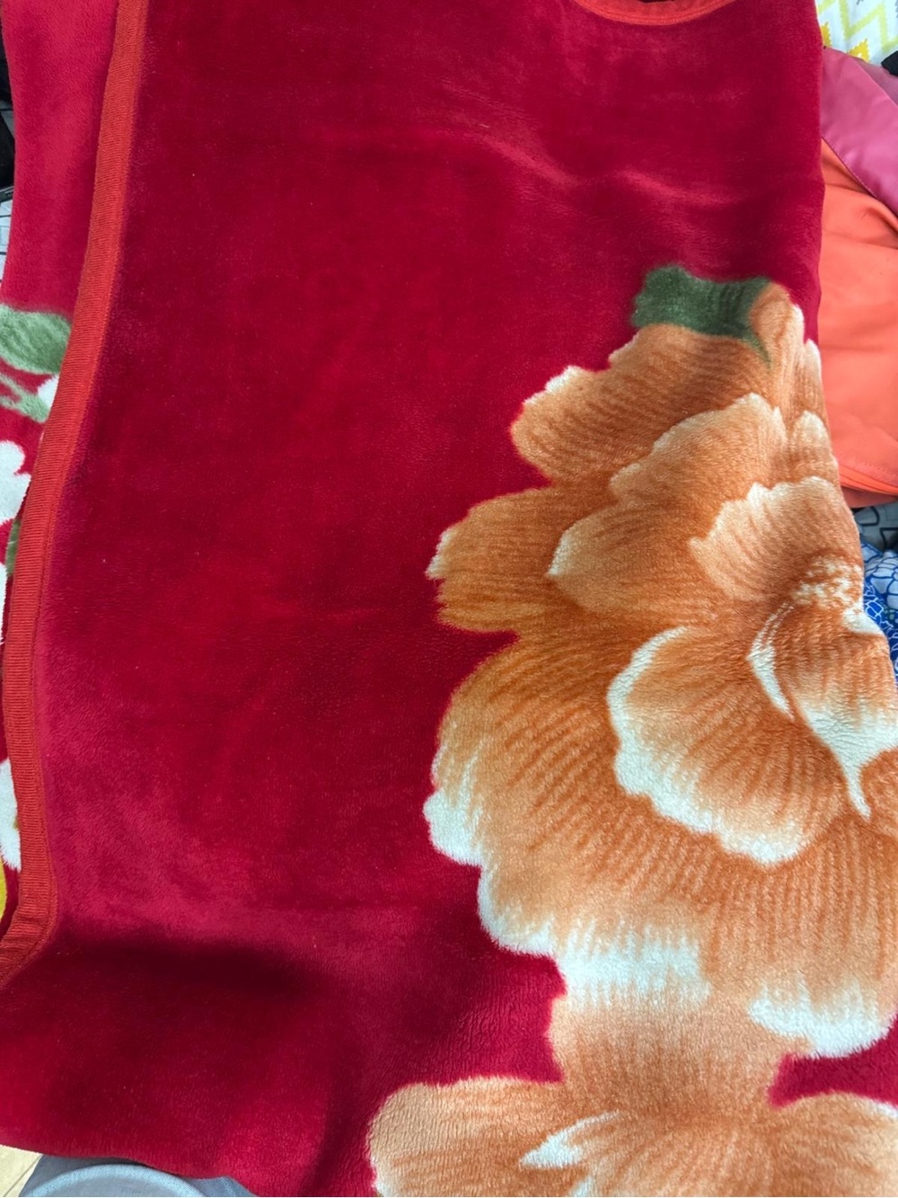 Red Floral Plush Throw Blanket with Large Orange Flower
